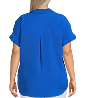 Investments Plus Size Woven Short Sleeve Point Collar Partial Button Front Top