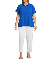 Investments Plus Size Woven Short Sleeve Point Collar Partial Button Front Top