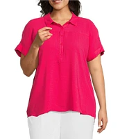 Investments Plus Size Woven Short Sleeve Point Collar Partial Button Front Top