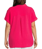Investments Plus Size Woven Short Sleeve Point Collar Partial Button Front Top