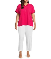 Investments Plus Size Woven Short Sleeve Point Collar Partial Button Front Top
