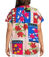 Investments Plus Size Woven Stamp Patch Short Sleeve Point Collar Partial Button Front Top
