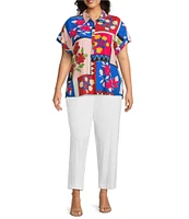 Investments Plus Size Woven Stamp Patch Short Sleeve Point Collar Partial Button Front Top