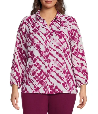 Investments Plus Size Woven Tie-Dye Batik Point Collar Long Sleeve Button Front Top