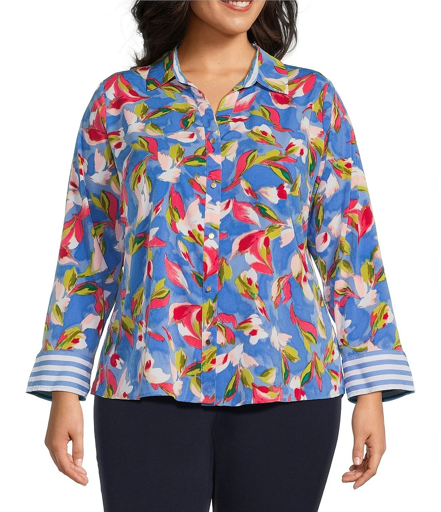 Investments Plus Size Woven Whimsy Floral Stripe 3/4 Sleeve Point Collar Button Front Split Cuff Top