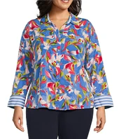 Investments Plus Size Woven Whimsy Floral Stripe 3/4 Sleeve Point Collar Button Front Split Cuff Top