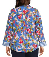 Investments Plus Size Woven Whimsy Floral Stripe 3/4 Sleeve Point Collar Button Front Split Cuff Top