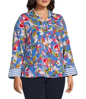 Investments Plus Size Woven Whimsy Floral Stripe 3/4 Sleeve Point Collar Button Front Split Cuff Top