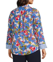 Investments Plus Size Woven Whimsy Floral Stripe 3/4 Sleeve Point Collar Button Front Split Cuff Top