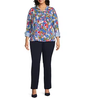 Investments Plus Size Woven Whimsy Floral Stripe 3/4 Sleeve Point Collar Button Front Split Cuff Top