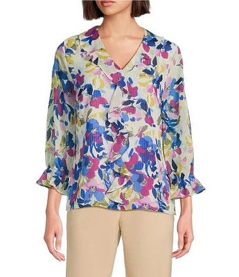 Investments Riley Woven Painted Garden Cascading Ruffle V-Neck 3/4 Sleeve Top