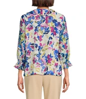 Investments Riley Woven Painted Garden Cascading Ruffle V-Neck 3/4 Sleeve Top