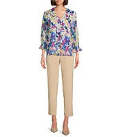 Investments Riley Woven Painted Garden Cascading Ruffle V-Neck 3/4 Sleeve Top