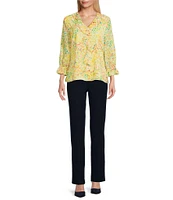 Investments Riley Woven Sunshine Clustered Buds Cascading Ruffle V-Neck 3/4 Sleeve Top