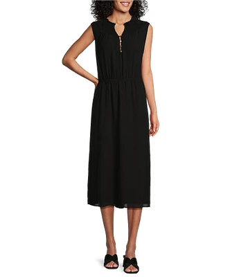 Investments Smocked Y-Neck Sleeveless Drop Waist Midi Dress