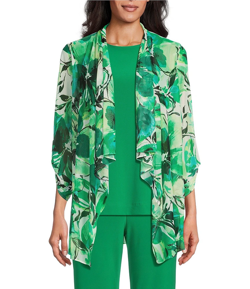 Investments Soft Separates Abstract Floral Mesh Open Drape Front Long Roll-Tab Sleeve Cardigan