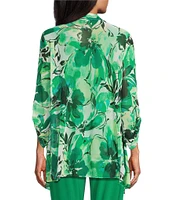 Investments Soft Separates Abstract Floral Mesh Open Drape Front Long Roll-Tab Sleeve Cardigan