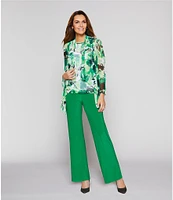 Investments Soft Separates Abstract Floral Mesh Open Drape Front Long Roll-Tab Sleeve Cardigan