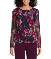 Investments Soft Separates Floral Mesh Long Sleeve Crew Neck Top