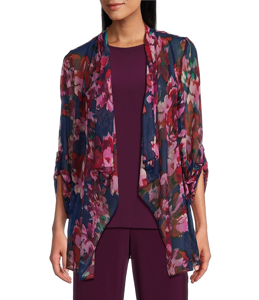 Investments Soft Separates Mesh Open Drape Front Long Roll-Tab Sleeve Coordinating Floral Cardigan