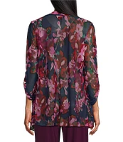 Investments Soft Separates Mesh Open Drape Front Long Roll-Tab Sleeve Coordinating Floral Cardigan