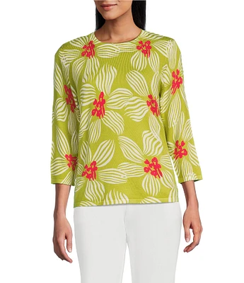 Investments Stripe Petals 3/4 Sleeve Crew Neck Top