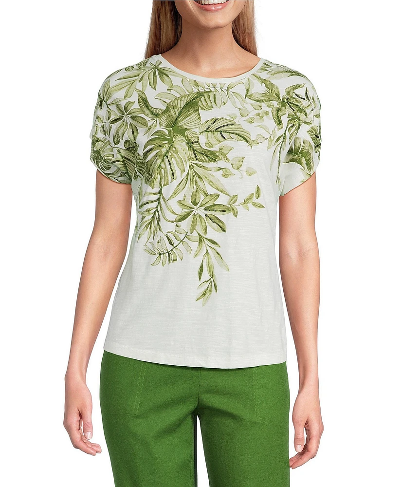 Investments Wispy Leaf Short Sleeve Novelty Crew Neck Top