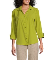 Investments Woven 3/4 Sleeve Point Collar Button Front Split Cuff Top