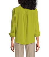 Investments Woven 3/4 Sleeve Point Collar Button Front Split Cuff Top