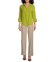 Investments Woven 3/4 Sleeve Point Collar Button Front Split Cuff Top