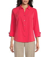 Investments Woven 3/4 Sleeve Point Collar Button Front Split Cuff Top