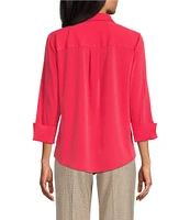 Investments Woven 3/4 Sleeve Point Collar Button Front Split Cuff Top