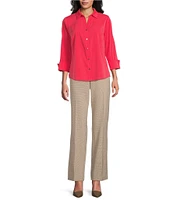 Investments Woven 3/4 Sleeve Point Collar Button Front Split Cuff Top