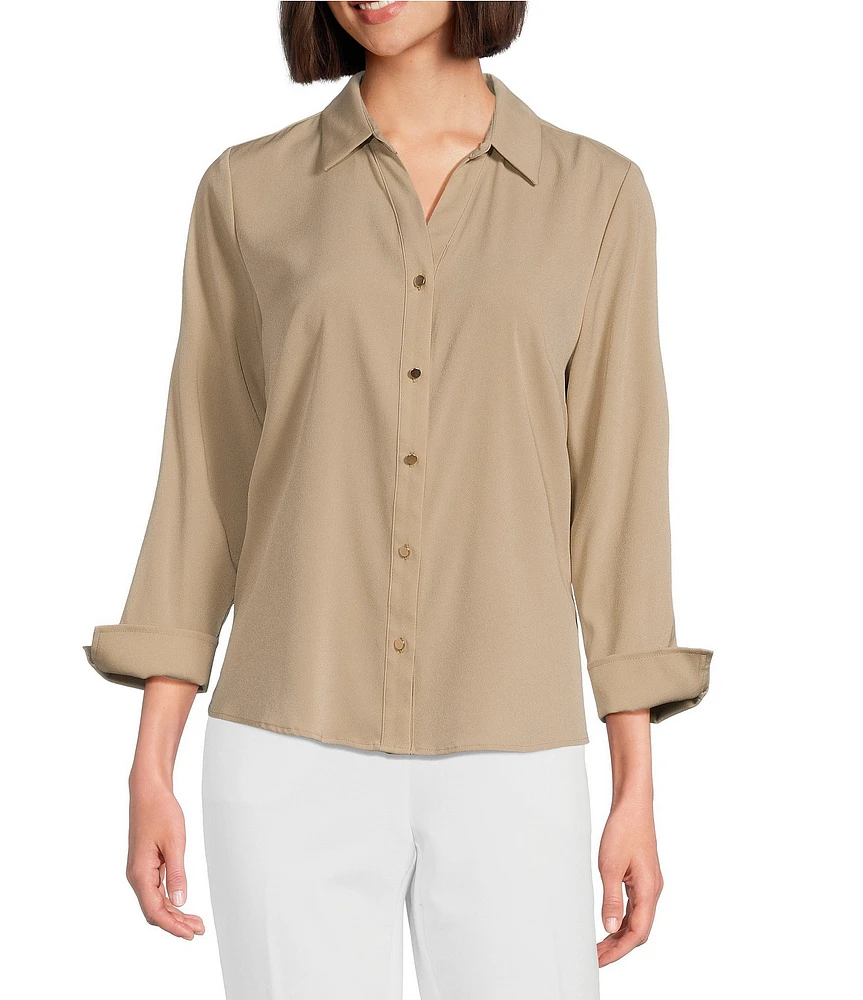 Investments Woven 3/4 Sleeve Point Collar Button Front Split Cuff Top