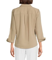 Investments Woven 3/4 Sleeve Point Collar Button Front Split Cuff Top
