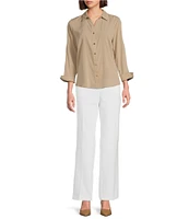 Investments Woven 3/4 Sleeve Point Collar Button Front Split Cuff Top