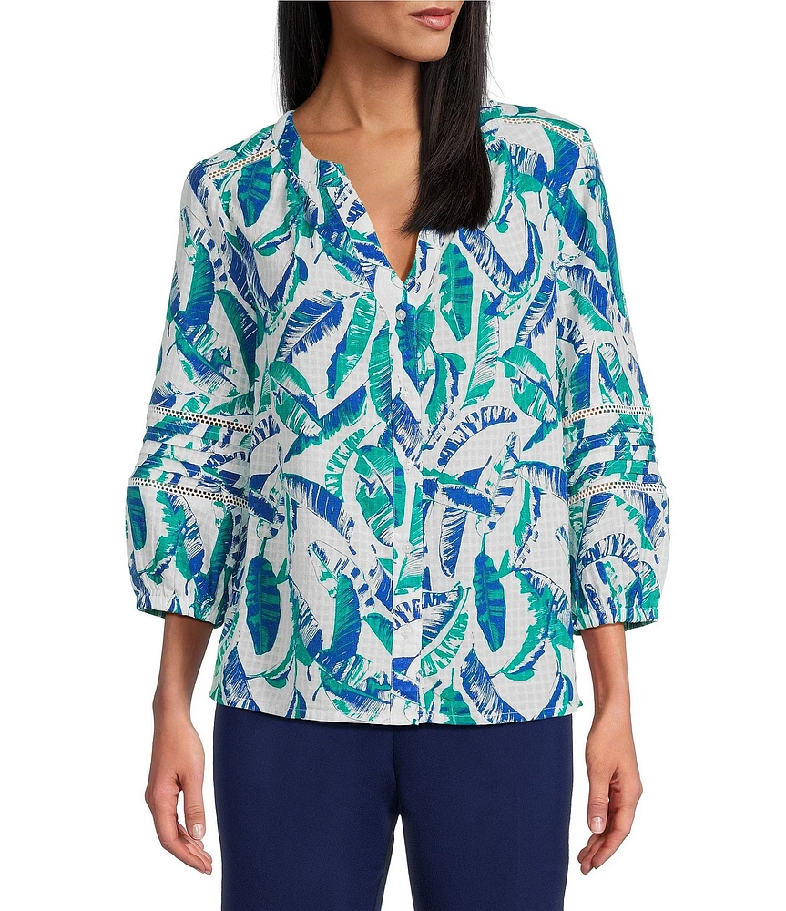 Investments Woven 3/4 Sleeve Y-Neck Button Front Top