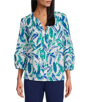 Investments Woven 3/4 Sleeve Y-Neck Button Front Top