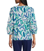 Investments Woven 3/4 Sleeve Y-Neck Button Front Top