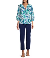 Investments Woven 3/4 Sleeve Y-Neck Button Front Top