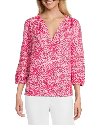 Investments Woven 3/4 Sleeve Y-Neck Button Front Top