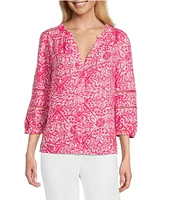 Investments Woven 3/4 Sleeve Y-Neck Button Front Top