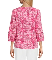 Investments Woven 3/4 Sleeve Y-Neck Button Front Top