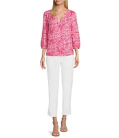 Investments Woven 3/4 Sleeve Y-Neck Button Front Top