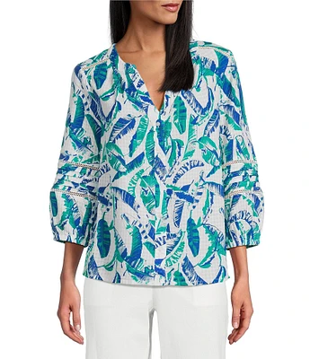 Investments Woven Feather Print 3/4 Sleeve Y-Neck Button Front Top