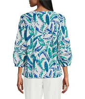 Investments Woven Feather Print 3/4 Sleeve Y-Neck Button Front Top