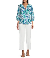 Investments Woven Feather Print 3/4 Sleeve Y-Neck Button Front Top