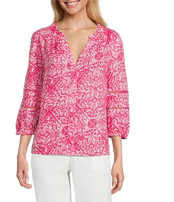 Investments Woven Etch Print 3/4 Sleeve Y-Neck Button Front Top
