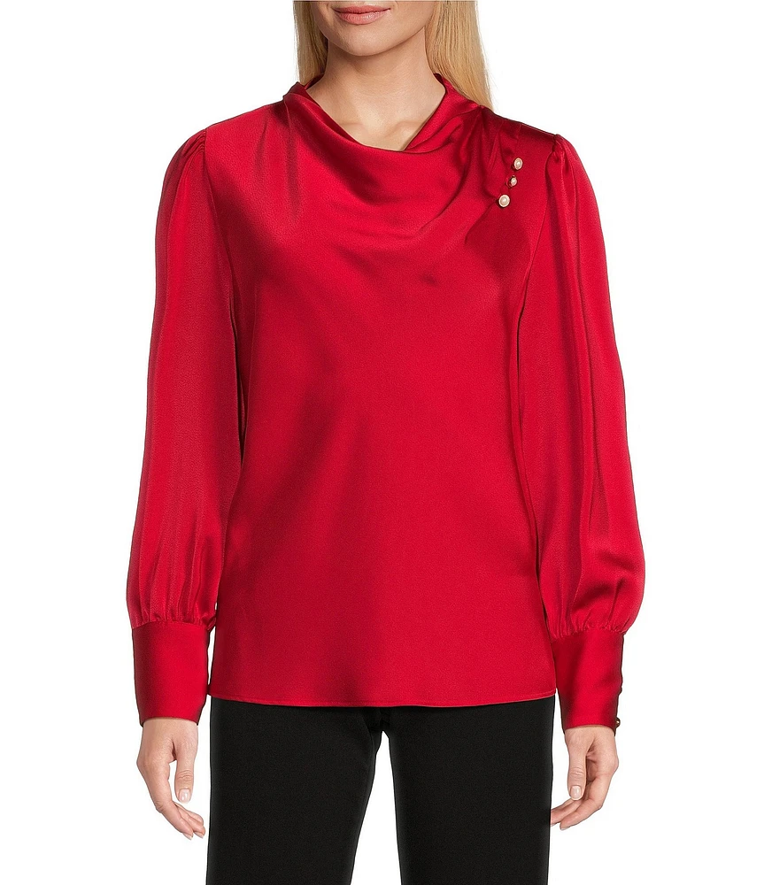 Investments Woven Audrey Long Sleeve Cowl Neck Button Detail Top