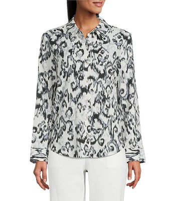 Investments Woven Black White Ikat Long Sleeve Point Collar Button Front Top